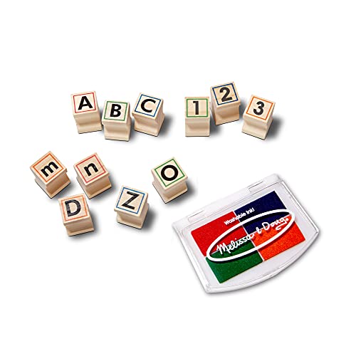 Melissa and Doug Deluxe Letters and Numbers Wooden Stamp Set ABCs 123s With Activity Book, 4-Color Stamp Pad - ABC Stamps, Kids Arts and Crafts, Letter Stamps, Number Stamps For Kids Ages 4+