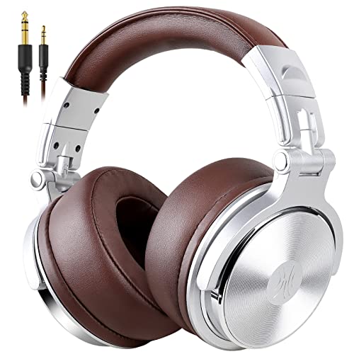 Over Ear Headphone, Wired Premium Stereo Sound Headsets with 50mm Driver, Foldable Comfortable Headphones with Protein Earmuffs and Shareport for Recording Monitoring Podcast PC TV- with Mic (Silver)