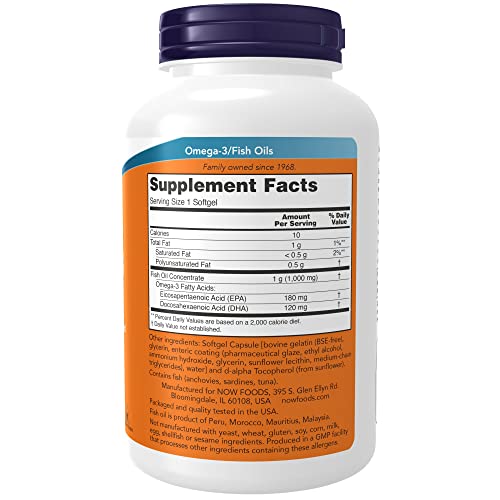 NOW Supplements, Omega-3 180 EPA / 120 DHA, Enteric Coated, Cardiovascular Support*, 180 Softgels