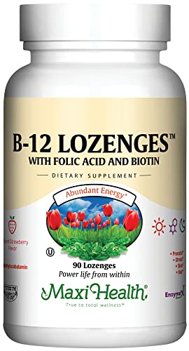 Vitamin B12 Lozenges with Folic Acid and Biotin - Sublingual B12 Vitamins Strawberry Flavor - Vegetarian Kosher B 12 Vitamin - Vit B12 Supplement for Red Blood Cell Production and Energy (90 Count)