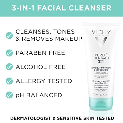 Vichy Pureté Thermale 3 in 1 Facial Cleanser, Multi Purpose Face Wash, Toner and Makeup Remover, Suitable for Sensitive Skin, 6.7 Fl Oz