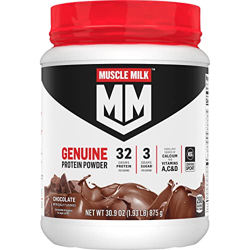 Muscle Milk Genuine Protein Powder, Chocolate, 1.93 Pounds, 12 Servings, 32g Protein, 3g Sugar, Calcium, Vitamins A, C and D, NSF Certified for Sport, Energizing Snack, Packaging May Vary