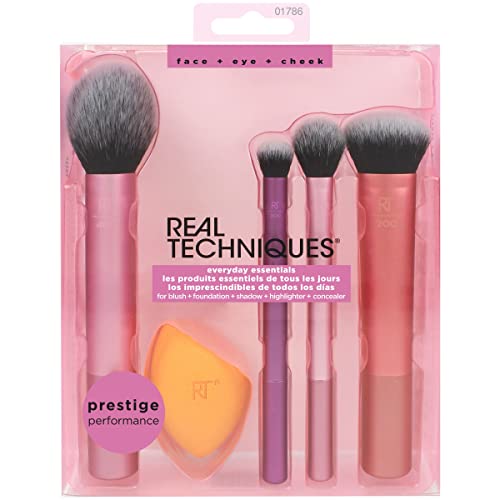 Real Techniques Everyday Essentials Kit, Makeup Brushes and Makeup Blending Sponge, Makeup Tools For Foundation, Blush, Bronzer, and Eyeshadow, Synthetic Bristles, 5 Piece Set