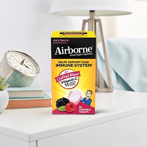 Airborne 1000mg Vitamin C Chewable Tablets with Zinc, Immune Support Supplement with Powerful Antioxidants Vitamins A C and E - 96 Chewable Tablets, Very Berry Flavor