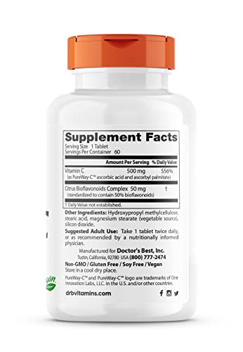 Doctor's Best 12-Hour Vitamin C 500mg with PureWay-C, Supports Immune System, Potent Antioxidant 60 Tablets