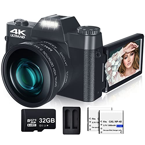 VJIANGER Digital Camera for Photography and Video 4K 48MP Vlogging Camera for YouTube with 180° Flip Screen,16X Digital Zoom,52mm Wide Angle and Macro Lens, 32GB TF Card, 2 Batteries (W01-Black)