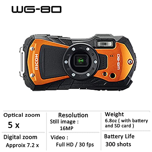 Ricoh WG-80 Orange Waterproof Digital Camera Shockproof Freezeproof Crushproof Microscope Mode