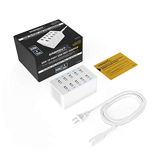 SABRENT 60 Watt (12 Amp) 10 Port [UL Certified] Family Sized Desktop USB Rapid Charger. Smart USB Charger with Auto Detect Technology [White] (AX-TPCS-W)