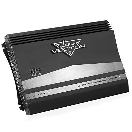 Lanzar 4-Channel High Power MOSFET Amplifier - Slim 2000 Watt Bridgeable Mono Stereo 4 Channel Car Audio Amplifier w/ Crossover FrequencyandBass Boost Control, RCA input,Line Output - Lanzar VCT4110