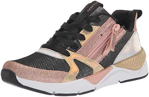 Skechers girls Shine Status 2.0 - Sleek Shin RAINBOW RACER NOVA BLITZ, Black/Rose Gold, 3 Little Kid US