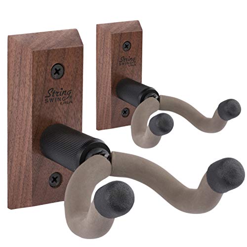 String Swing Guitar Hanger - Holder for Electric Acoustic and Bass Guitars - Stand Accessories Home or Studio Wall - Musical Instruments Safe without Hard Cases - Black Walnut Hardwood CC01K-BW 2-Pack