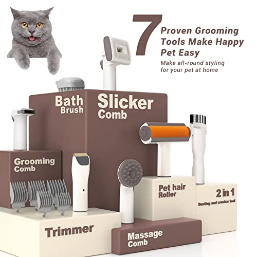 Bunfly Pet Clipper Grooming Kit and Vacuum Suction 99% Pet Hair, 7 Pet Grooming Tools, 3L Large Capacity Easy Clean Dust Cup for Pet Hair, Home Cleaning（Brown）