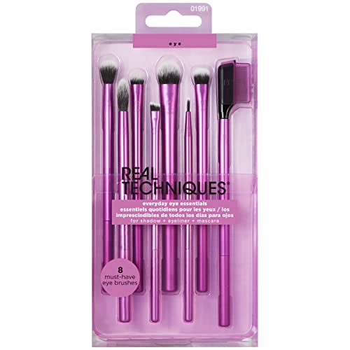 Real Techniques Everyday Eye Essentials Makeup Brush Kit, Eye Makeup Brushes for Eye Liner, Eyeshadow, Brows, and Lashes, Synthetic Bristles, Cruelty-Free and Vegan, 8 Piece Set