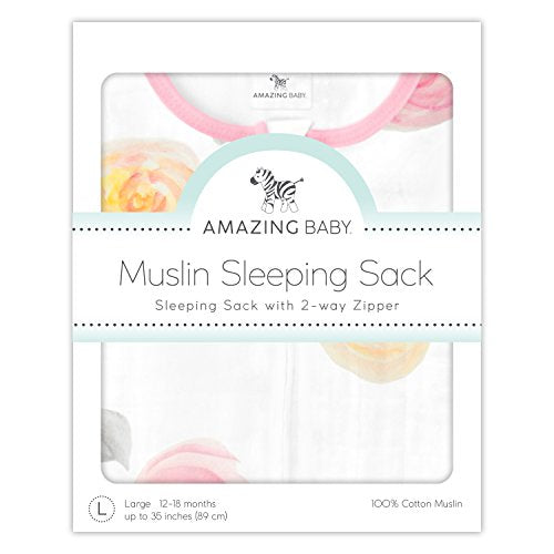 Amazing Baby Cotton Muslin Sleeping Sack, For Baby Girl, Wearable Blanket with 2-way Zipper, Watercolor Roses, Pink, Small (0-6 Month)