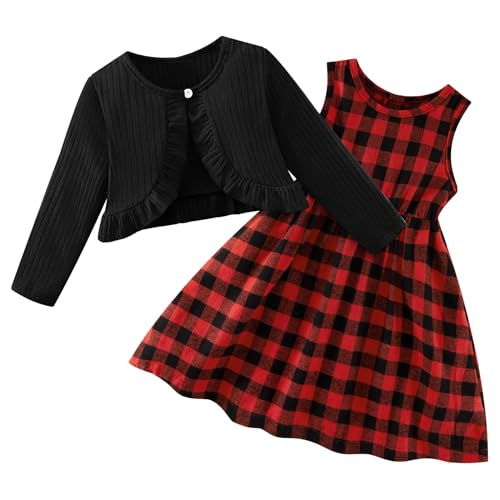 Bkixhv Toddler Baby Girl Cotton Dress Cardigan 2 Pcs Christmas Outfit Buffalo Plaid Sleeveless Dress Set 5-6 Years Old