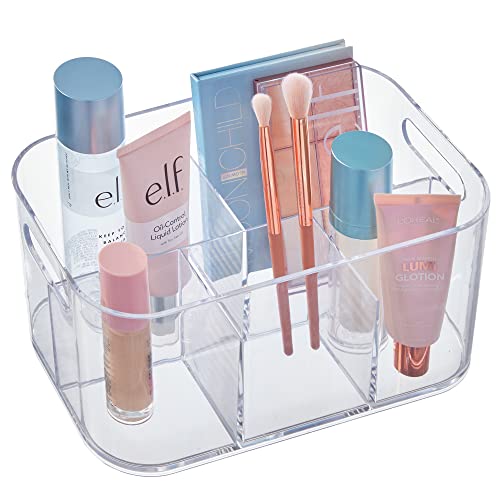 STORi Bliss 5-Compartment Plastic Cosmetic Organizer | Clear | Rectangular Divided Makeup Bin and Vanity Storage Caddy with Pass-Through Handles | Round Corner Design | Made in USA
