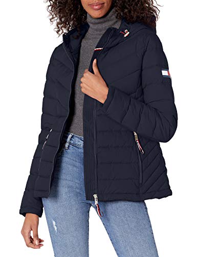 Tommy Hilfiger Women's Puffer Lightweight Hooded Jacket with Drawstring Packing Bag, Navy, Large