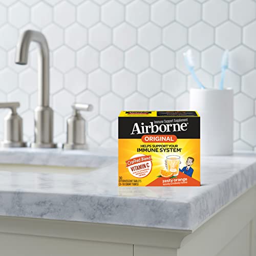 Airborne 1000mg Vitamin C with Zinc, SUGAR FREE Effervescent Tablets, Immune Support Supplement with Powerful Antioxidants Vitamins A C and E - 30 Fizzy Drink Tablets, Zesty Orange Flavor