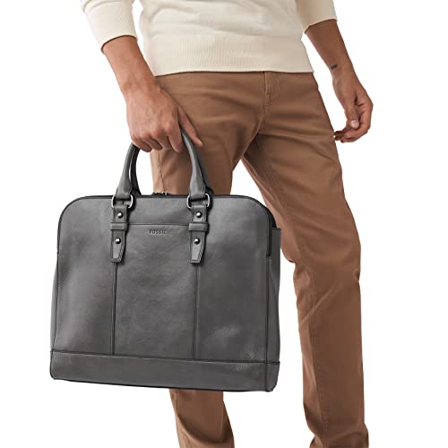 Fossil Men's Dillon Leather Briefcase Messenger Device Pilot Bag, Lead Gray , (Model: MBG9583109)
