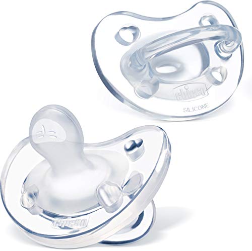Chicco PhysioForma 100% Soft Silicone One Piece Pacifier for Babies 6-16m, Clear, Orthodontic Nipple, BPA-Free, 2-count in Sterilizing Case