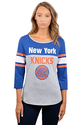 Ultra Game NBA New York Knicks Womens T-Shirt Raglan Baseball 3/4 Long Sleeve Tee Shirt, Team Color, Medium
