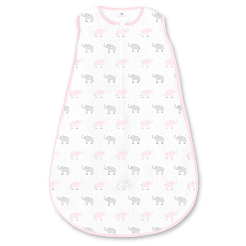 Amazing Baby Cotton Sleeping Sack, Wearable Blanket with 2-way Zipper, Pastel Pink + Gray Tiny Elephants, Medium (6-12 mo)