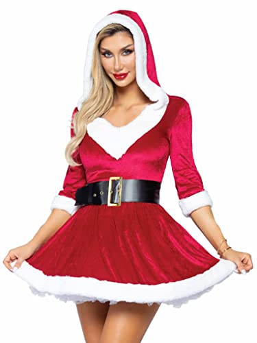 Leg Avenue womens - 2 Piece Mrs Claus Set Velvet Hooded Dress With Belt for Christmas Adult Sized Costumes, Red/White, Small Medium US