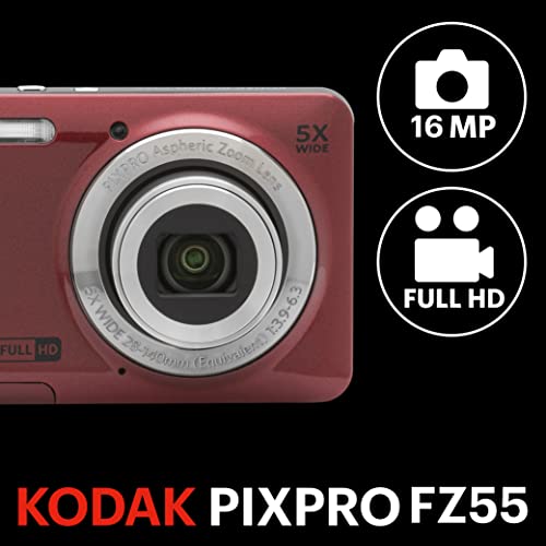 KODAK PIXPRO Friendly Zoom FZ55-RD 16MP Digital Camera with 5X Optical Zoom 28mm Wide Angle and 2.7' LCD Screen (Red)