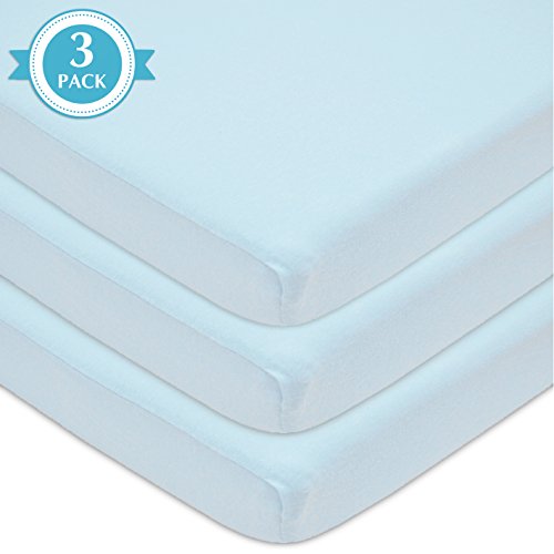 American Baby Company 100% Natural Cotton Value Jersey Knit Fitted Portable/Mini-Crib Sheet, Blue, 24' x 38' x 5', Soft Breathable, for Boys and Girls, Pack of 3