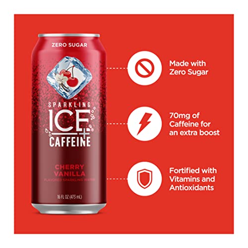Sparkling Ice +Caffeine Cherry Vanilla Sparkling Water with Caffeine, Zero Sugar, with Antioxidants and Vitamins, Zero Sugar, 16 fl oz Cans (Pack Of 12)