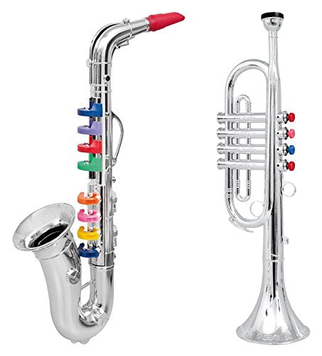 Click N' Play Toy Trumpet and Toy Saxophone Set for Kids - Create Real Music - Safety Tested BPA Free - Beautiful Silver Finish with Color Keys Real Notes - Start a Instrument Band at Home or School
