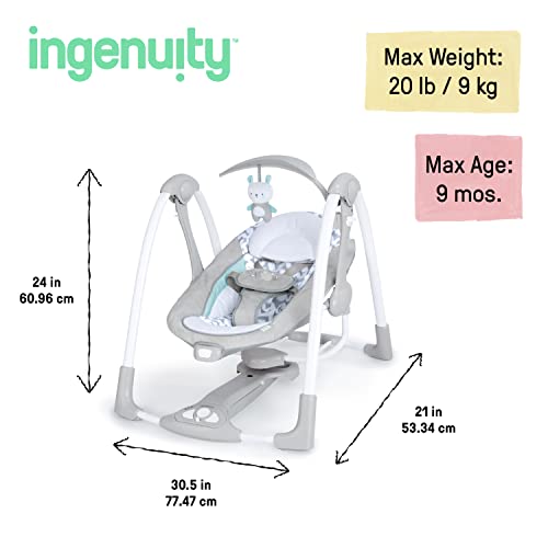 Ingenuity ConvertMe 2-in-1 Compact Portable Automatic Baby Swing and Infant Seat, Battery-Powered Vibrations, Nature Sounds, 0-9 Months 6-20 lbs (Raylan)