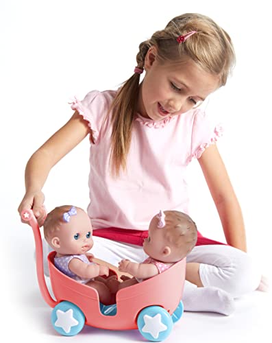 Lil Cutesies TWIN 8.5' All Vinyl Dolls and Stroller Set | Posable and Washable | Removable Outfits |Twin Stroller and Accessory | JC Toys | Ages 2+ , Green