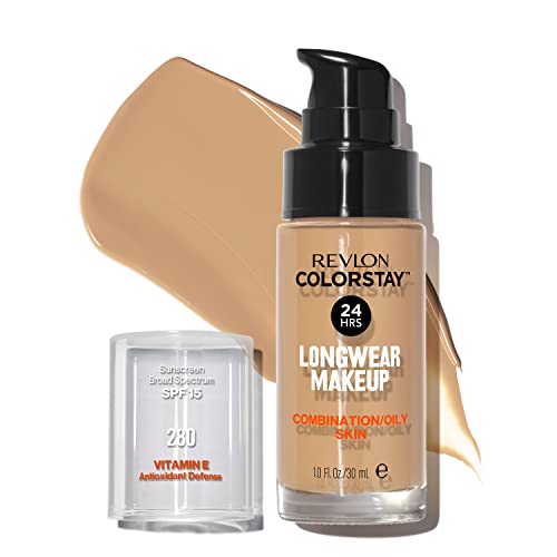Liquid Foundation by Revlon, ColorStay Face Makeup for Combination and Oily Skin, SPF 15, Medium-Full Coverage with Matte Finish, Tawny (280), 1.0 oz