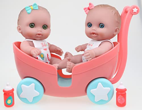 Lil Cutesies TWIN 8.5' All Vinyl Dolls and Stroller Set | Posable and Washable | Removable Outfits |Twin Stroller and Accessory | JC Toys | Ages 2+ , Green
