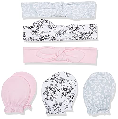 Hudson Baby Infant Girl Cotton Headband and Scratch Mitten Set Toile, 0-6 Months
