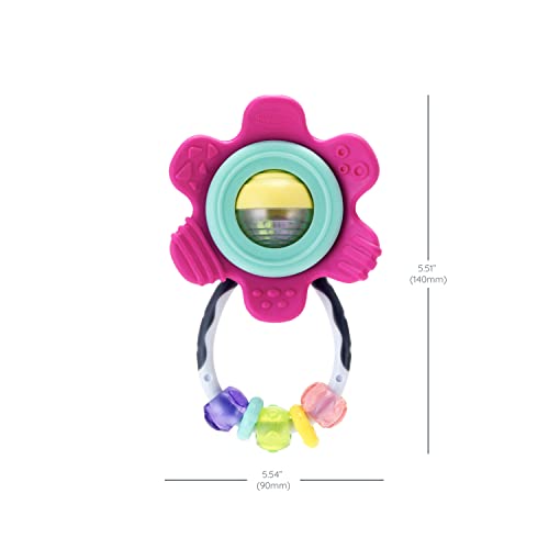 Infantino Spin and Teethe Gummy Pink Flower Rattle - Easy to Grab, Chewy Rings, Multi-Texutre Petals, Roller Ball Center - Teething and Sensory Play, Ages 0 Months +