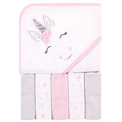 Hudson Baby Unisex Baby Hooded Towel and Five Washcloths, Pink Unicorn, One Size