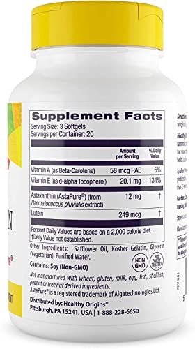 Healthy Origins Astaxanthin 4 mg (Natural, Astapure, Non-GMO, Gluten Free, Eye Support, Joint Support, Immune Support), 60 Softgels