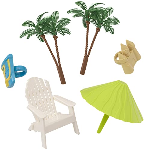 DecoSet® Beach Chair and Umbrella Tropical Beach Cake Decoration, 6 Piece Cake Topper Set, Palm Trees, Deck Chair, Beach Umbrella, Sand Castle and Bucket, Food Safe,
