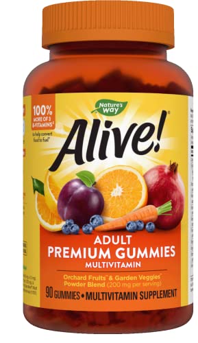 Nature’s Way Alive! Premium Adult Gummy Multivitamins, Essential Vitamins and Minerals, Supports Whole Body Wellness*, Vegetarian, Grape and Cherry Flavored, 90 Gummies