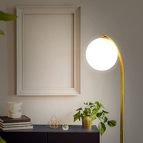 Brightech Luna Drop LED Floor Lamp, Frosted Glass Globe Arcing Living Room Lamp, Mid-Century Modern Standing Lamp for Living Rooms, Boho Rustic Indoor Tall Lamp for Bedrooms and Offices - Brass