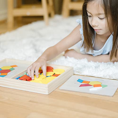 Melissa and Doug Pattern Blocks and Boards - Classic Toy With 120 Solid Wood Shapes and 5 Double-Sided Panels, Multi-colored - STEAM Toy, Wooden Pattern Blocks Animals, Tangrams Puzzle For Kids Ages 3+