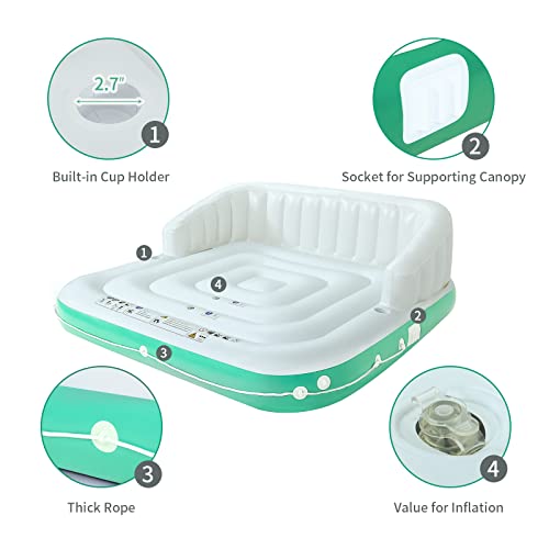 YUSING Inflatable Pool Floats, 2-3 Person Giant Pool Float Lounger with UPF50 Retractable Canopy and Cup Holder for Adults and Kids, Floating Island for Indoor and Outdoor