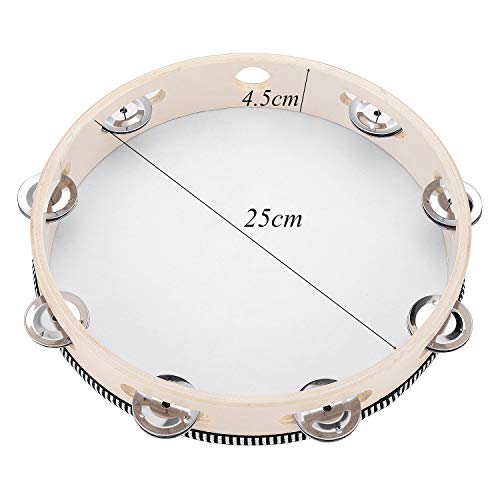 Tambourine for adults 10 inch Hand Held Drum Bell Birch Metal Jingles Percussion Gift Musical Educational Instrument for Church KTV Party (10 inch)