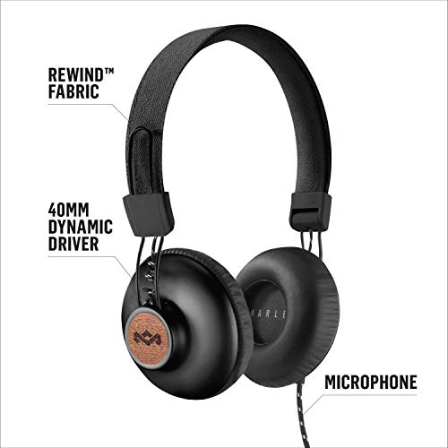 House of Marley Positive Vibration 2: Over-Ear Wired Headphones with Microphone, Plush Ear Cushions, and Sustainable Materials (Black)