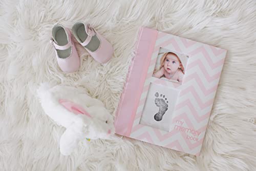 Pearhead First 5 Years Chevron Baby Memory Book With Clean-Touch Baby Safe Ink Pad To Make Baby's Hand Or Footprint Included, Newborn Milestone And Pregnancy Journal, Pink
