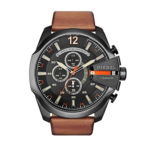 Diesel Men's 51mm Mega Chief Quartz Stainless Steel and Leather Chronograph Watch, Color: Gunmetal, Brown (Model: DZ4343)