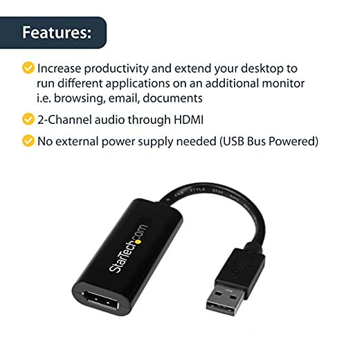 StarTech.com USB 3.0 to HDMI Adapter - 1080p (1920x1200) - Slim/Compact USB Type-A to HDMI Display Adapter Converter for Monitor - External Video and Graphics Card - Black - Windows Only (USB32HDES)