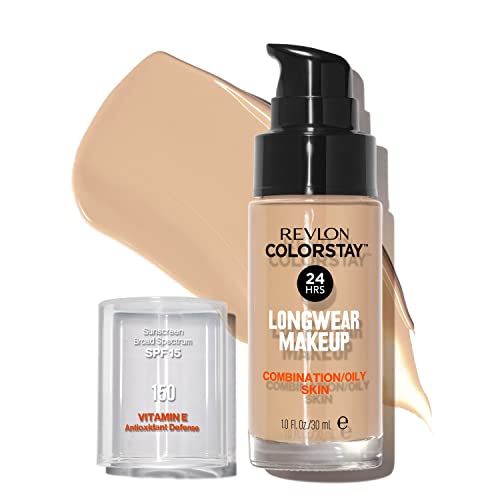 Liquid Foundation by Revlon, ColorStay Face Makeup for Combination and Oily Skin, SPF 15, Longwear Medium-Full Coverage with Matte Finish, Buff (150), 1.0 Oz